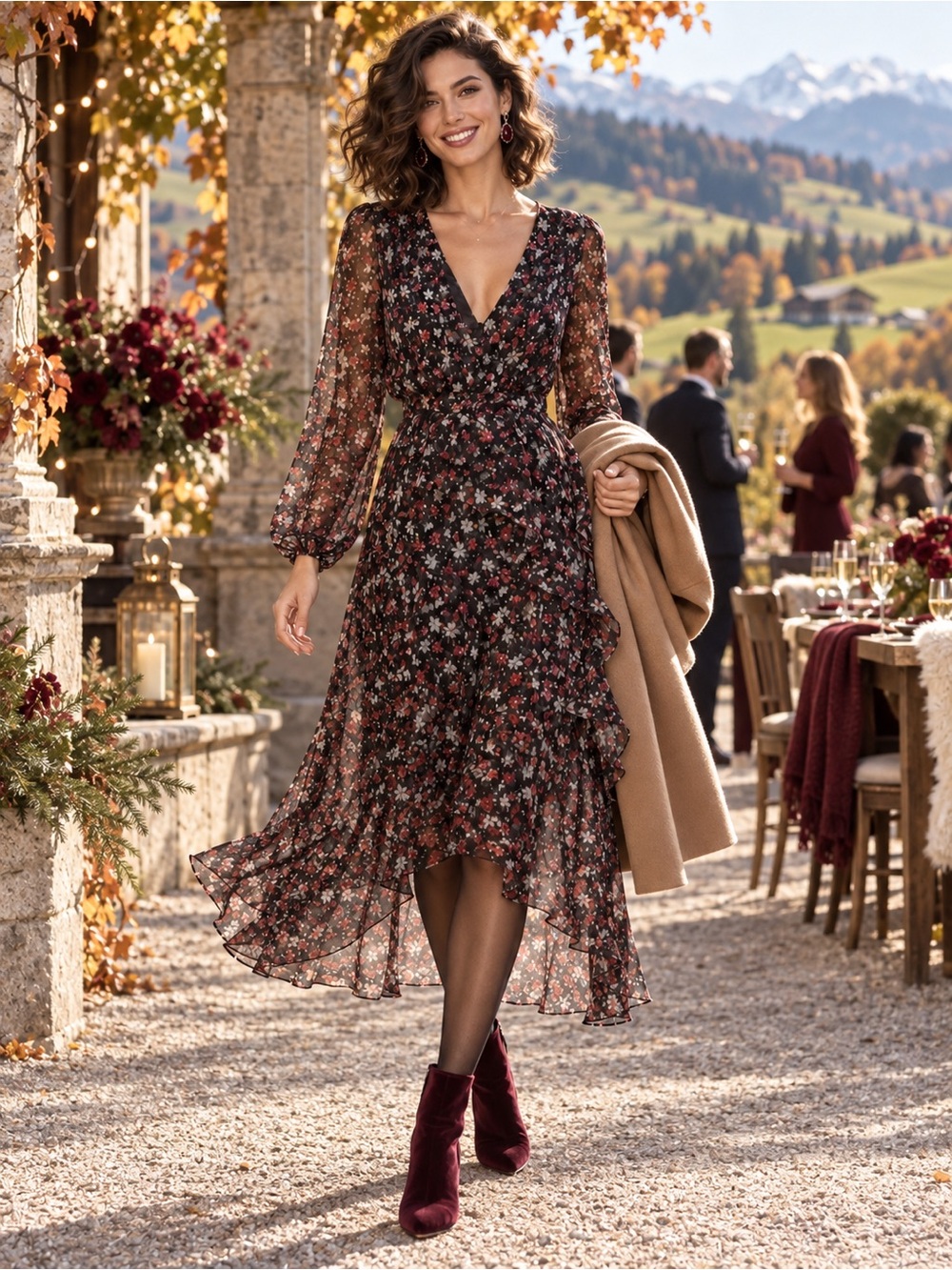 Astr Black Floral High-Low Wrap Midi Dress